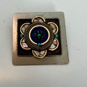 Vintage Mixed-Metal Square Brooch Mother-of-Pearl Inlay Turquoise Western Pin